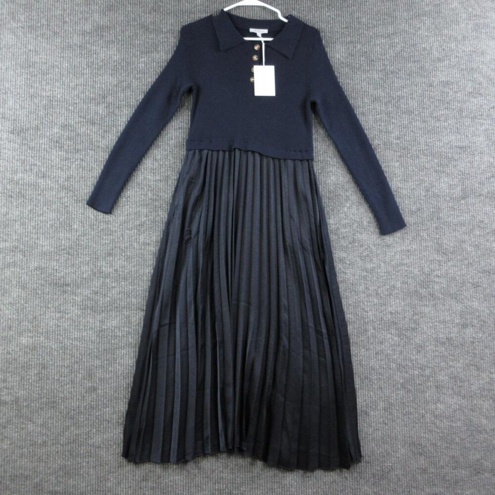 Polagram Dress Womens M Blue Collared Long Sweater Dress Pleated Knit NWT